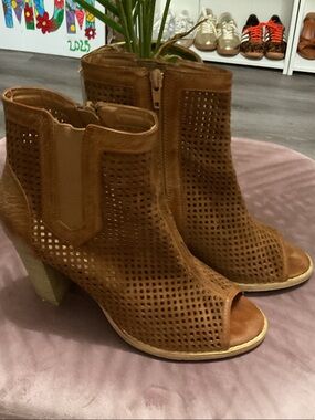 Hot Tomato Perforated Peep-Toe Ankle Boots in Brown